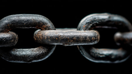 A close-up view of heavy steel chain links showcases the robust texture and intricate details. The dark background accentuates the metal's strength and industrial appeal.の素材