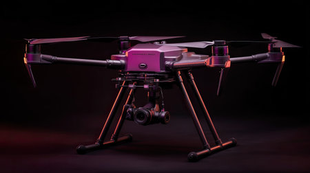 This image features a high-tech drone equipped with a camera, set against a striking black background. Ideal for showcasing modern aerial photography technology.の素材