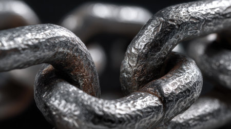 This close-up image captures the intricate details of interlinked metal chains, showcasing their textures and strength against a dark background.の素材