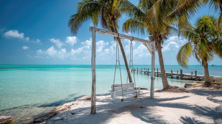 A serene scene featuring a swing under palm trees on a sandy beach, overlooking turquoise waters. Perfect for themes of relaxation, travel, and summer vibes.の素材