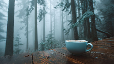 A serene scene featuring a cozy coffee cup on a rustic wooden table, surrounded by misty forest trees. Perfect for showcasing tranquility and relaxation.の素材