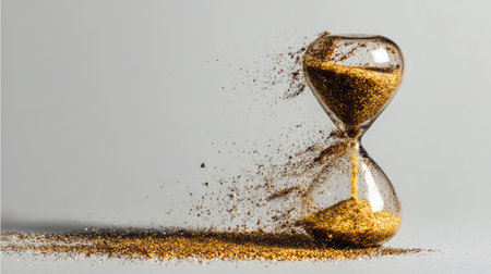A visually striking hourglass captures the essence of time with golden sand flowing dramatically, emphasizing the fleeting nature of each moment and the passage of time.の素材