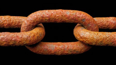 Close-up view of a rusty chain link on a black background, showcasing its detailed texture and weathered appearance. Perfect for industrial themes.の素材