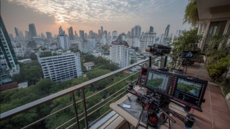 A breathtaking view from a balcony showcases urban life as camera equipment is set up for filming at sunrise, highlighting the blend of nature and technology in a vibrant city environment.の素材