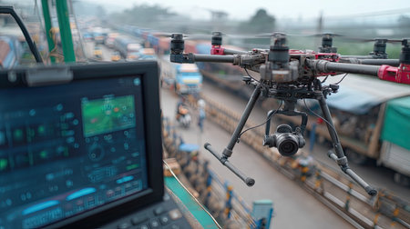 A drone hovers over a bustling roadway, capturing dynamic images of traffic patterns. The scene showcases modern technology in urban environments and logistics management.の素材