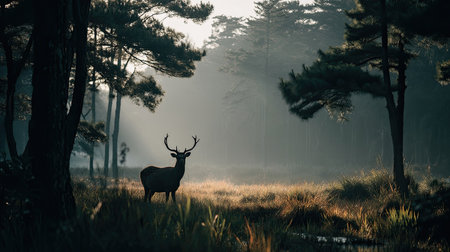 A majestic stag stands silhouetted against a misty forest backdrop at dawn. The soft light filters through trees, creating a serene and tranquil atmosphere.の素材