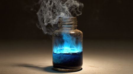 A captivating image featuring a glowing blue liquid inside a glass jar, emitting smoke. The mysterious effect and dark background create an intriguing atmosphere, perfect for science and fantasy themes.の素材
