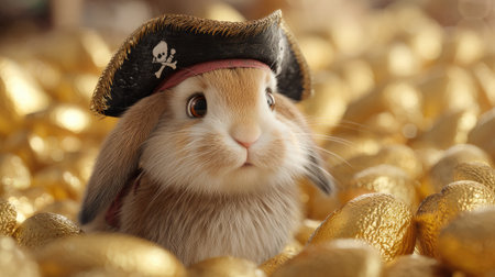 A charming bunny wearing a pirate hat sits amidst a sea of golden treasure, radiating joy and playfulness. Perfect for children's themes and fantasy.の素材