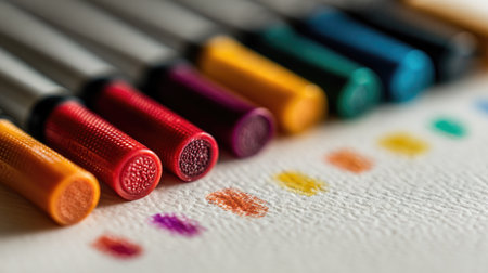 A visually pleasing arrangement of colorful markers positioned above vibrant ink swatches on a textured canvas, perfect for showcasing creativity and artistic expression.の素材