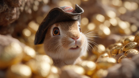 A charming rabbit in a pirate hat peeks out amidst sparkling gold coins, showcasing a playful expression of surprise and joy in a whimsical treasure scene.の素材