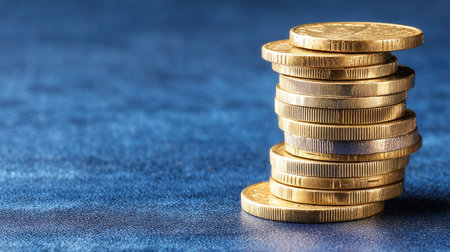 A close-up image showcasing a stack of shiny gold coins resting on a textured blue background. Ideal for topics related to finance and investment.の素材