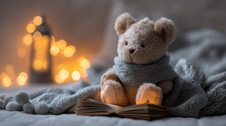A charming teddy bear wrapped in a warm scarf sits with a book, surrounded by soft lights. This cozy scene evokes feelings of warmth, comfort, and childhood joy.の素材