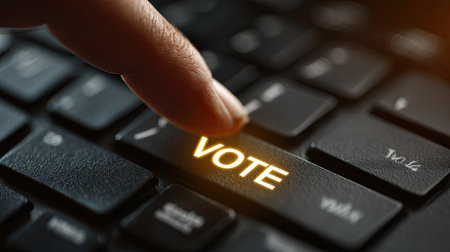 A close-up view of a finger pressing the "Vote" key on a computer keyboard symbolizes civic engagement and the importance of participating in elections.の素材