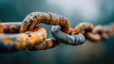 An artistic close-up image of rusty chain links against a foggy background. The worn texture highlights the beauty of decay and industrial strength.の素材