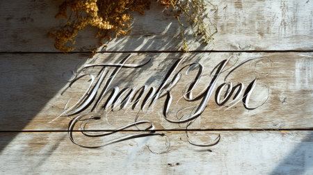 A beautiful "Thank You" in elegant calligraphy carved into a rustic wooden background, capturing the essence of gratitude and appreciation in a charming setting.の素材