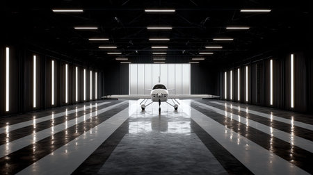 A sleek modern aircraft stands in a spacious, well-lit hangar, showcasing advanced design and engineering. Perfect for themes of aviation and innovation.の素材
