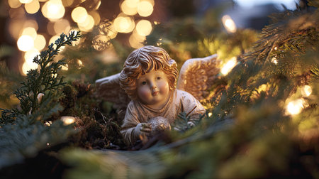 A beautiful angel figurine nestled in greenery, illuminated by soft, twinkling lights, creating a serene and festive atmosphere perfect for the holiday season.の素材