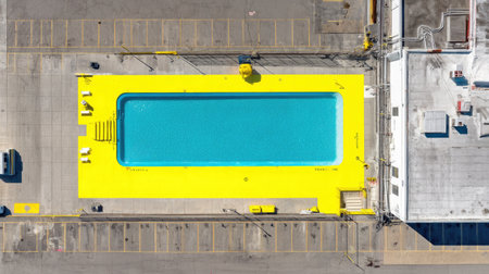 Aerial view of a large bright yellow swimming pool surrounded by urban landscape, perfect for summer relaxation and leisure activities in a vibrant setting.の素材