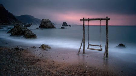 A tranquil scene featuring a wooden swing on a secluded beach at twilight. The rocky coastline and soft waves create a serene atmosphere perfect for relaxation.の素材