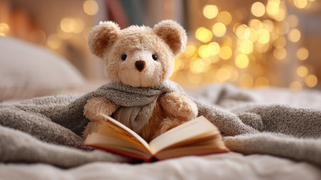 A charming teddy bear reading a book under soft warm lights creates a cozy, inviting ambiance perfect for bedtime or relaxation, evoking sweet memories.の素材