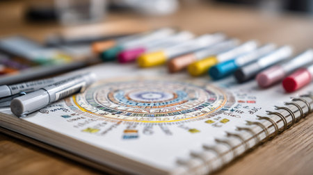 Close-up of a sketchbook surrounded by colorful markers, showcasing vibrant designs and artistic creativity. Perfect for illustrating art and craft projects.の素材