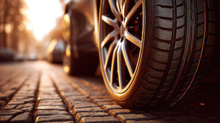 This image captures a close-up view of a car tire resting on a cobblestone street during sunset, creating a warm, inviting atmosphere.の素材