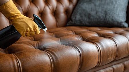 A close-up view of a person cleaning a leather couch with a spray bottle while wearing protective gloves, showcasing the care and maintenance of luxurious furniture in a stylish living space.の素材