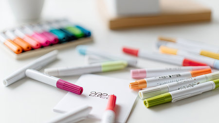 A vibrant arrangement of colorful markers and a sketchbook on a light surface. This workspace captures creativity and inspiration for art and design projects.の素材