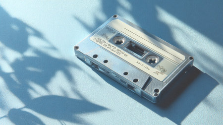 A vintage audio cassette lies on a blue surface, casting delicate shadows. This nostalgic piece represents the analog music era, evoking memories and artistic visuals.の素材