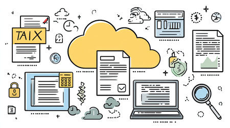 This illustration showcases cloud computing with documents, a laptop, and various icons. It represents data analysis, security, and modern technology in a business environment.の素材