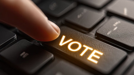This close-up image features a finger pressing the illuminated 'Vote' key on a computer keyboard, symbolizing civic responsibility and participation in elections.の素材