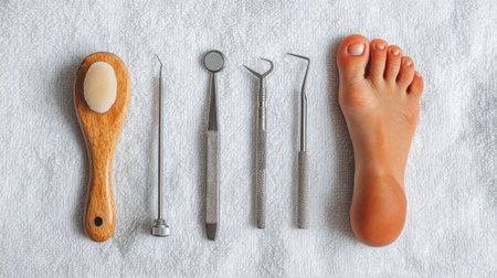 A collection of foot care tools arranged neatly with a foot model, showcasing essential items for effective pedicure treatments and healthy hygiene practices.の素材