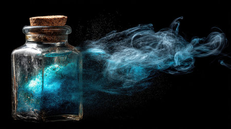 A captivating image of a glass jar filled with vibrant blue glittery particles and swirling smoke effects, perfect for creative and artistic projects.の素材