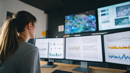 A professional woman is focused on analyzing data displayed on multiple computer screens in a modern office environment, showcasing graphs and statistics.の素材