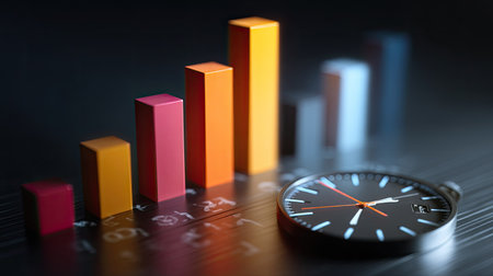 A striking image featuring colorful bar graphs alongside a clock, symbolizing growth, time management, and strategic decision-making in business contexts.の素材