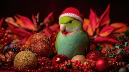 A vibrant and colorful bird sits amidst red leaves and Christmas ornaments, creating a joyful holiday atmosphere. Perfect for seasonal themes and pet lovers.の素材