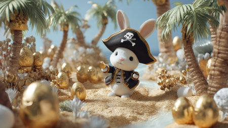 A charming pirate bunny stands on a sandy shore, surrounded by golden eggs and lush palm trees, creating a whimsical scene of adventure and joy.の素材