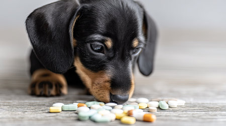 A curious dachshund puppy closely investigates an array of colorful pills on a wooden surface, capturing attention to the importance of medication safety for pets.の素材