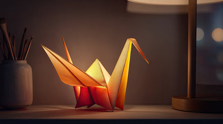 A glowing origami crane crafted from textured paper, elegantly placed on a modern nightstand beside a lamp, creating a unique and cozy ambiance.の素材