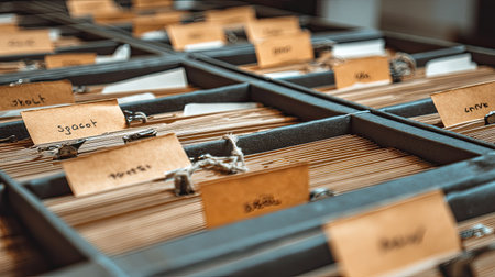 Close-up view of a vintage filing system showcasing organized files with visible tags. This image captures the essence of efficient document management and organized workspace.の素材
