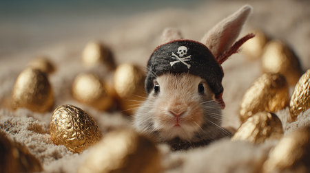 A playful bunny dressed as a pirate sits on sandy shores surrounded by glimmering golden eggs. This whimsical scene captures the spirit of adventure and joy.の素材
