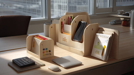Stylish wooden desk organizer set elevates workspace aesthetics. Perfect for creating an efficient office environment, enhancing productivity and organization.の素材
