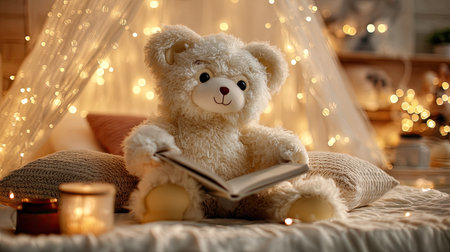 A lovely teddy bear sits reading a book in a cozy indoor setting filled with warm lights. Perfect for capturing feelings of comfort, nostalgia, and childhood joy.の素材