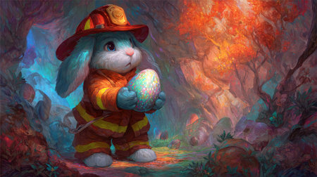 A cute bunny dressed as a firefighter holds a vibrant egg in a magical forest. The scene captures whimsy and adventure in a colorful landscape.の素材