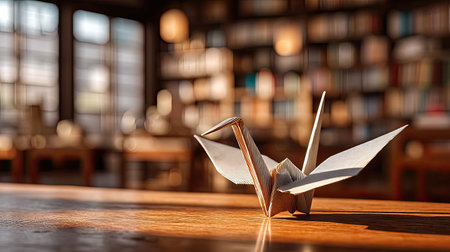 A beautifully crafted paper crane sits on a wooden table in a cozy library, capturing the essence of tranquility and creativity in a serene environment.の素材