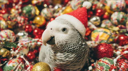 A charming parrot wearing a Santa hat sits among colorful Christmas ornaments, radiating festive cheer and joy, perfect for holiday-themed projects.の素材