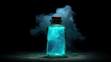 A captivating glass bottle radiates a magical blue glow, surrounded by mystical smoke, creating an enchanting atmosphere perfect for fantasy-themed projects.の素材