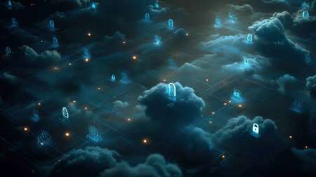 A visually captivating representation of a futuristic cloud network featuring glowing security locks, illustrating the concepts of data protection and digital security.の素材