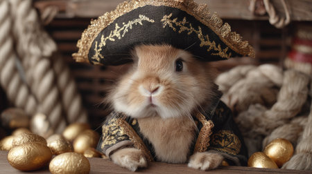 A delightful bunny dressed in a pirate costume sits amidst gold eggs, creating a whimsical and charming scene perfect for festive themes and animal lovers.の素材