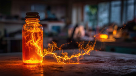 A captivating image of a jar filled with glowing liquid, emitting sparks and warmth, beautifully illustrating the essence of energy and creativity in a vibrant space.の素材